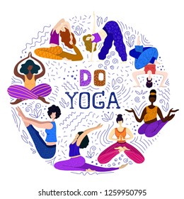 Beautiful young women or girls practice yoga, various asanas, a circle made of isolated elements, a round concept on a white background for a banner, article, site, poster.