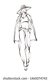 Beautiful young women. Hand drawn fashion girls of black lines on white background. Fashion model posing. Sketch. Vector illustration.