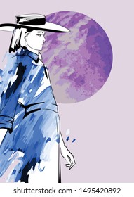 Beautiful young women. Hand drawn fashion girls of black lines with watercolor splashes. Fashion model posing. Sketch. Vector illustration.