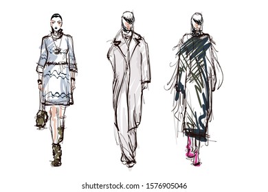 Beautiful young women. Hand drawn stylish woman portrait. Fashion lady. Winter outfit. Sketch. Fashion model posing in coat. Hand drawn fashion woman.