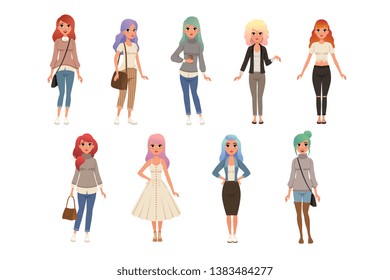 Beautiful young women with long dyed hair set, stylish girls in fashion clothes vector Illustrations on a white background