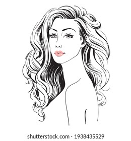 Hermosas mujeres jóvenes con pelo largo, boceto, ilustración vectorial dibujada a mano de moda.