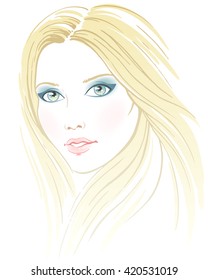 Beautiful young women with long  hair, hand drawn linen vector illustration.