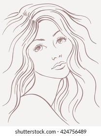 Beautiful young women with long wavy hair, hand drawn linen vector illustration.