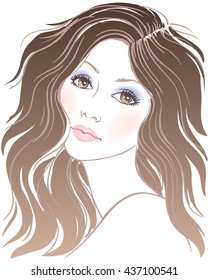 Beautiful young women with long wavy hair, hand drawn linen vector illustration.