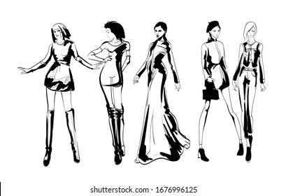 Beautiful young women in modern style.. Hand drawn stylish woman portrait. Fashion lady. Festive outfit. Sketch. Fashion model posing in dress. Hand drawn fashion woman.