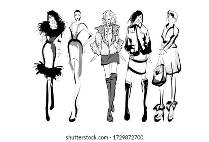 Beautiful young women in modern style.. Hand drawn stylish woman portrait. Fashion lady. Festive outfit. Sketch. Fashion model posing in dress. Hand drawn fashion woman.