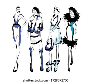 Beautiful young women in modern style.. Hand drawn stylish woman portrait. Fashion lady. Festive outfit. Sketch. Fashion model posing in dress. Hand drawn fashion woman.