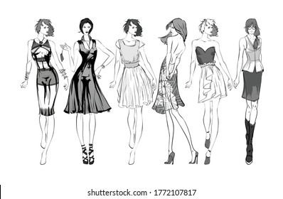 Beautiful young women in modern style.. Hand drawn stylish woman portrait. Fashion lady. Festive outfit. Sketch. Fashion model posing in dress. Hand drawn fashion woman.