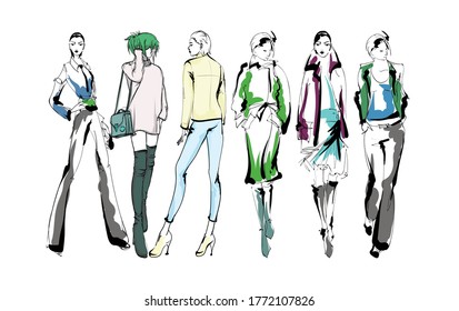Beautiful young women in modern style.. Hand drawn stylish woman portrait. Fashion lady. Festive outfit. Sketch. Fashion model posing in dress. Hand drawn fashion woman.