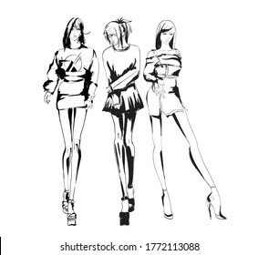 Beautiful young women in modern style.. Hand drawn stylish woman portrait. Fashion lady. Festive outfit. Sketch. Fashion model posing in dress. Hand drawn fashion woman.