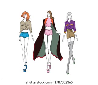 Beautiful young women in modern style.. Hand drawn stylish woman portrait. Fashion lady. Festive outfit. Sketch. Fashion model posing in coatHand drawn fashion woman.