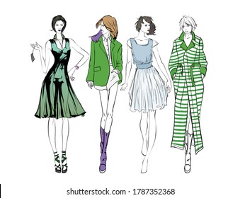 Beautiful young women in modern style.. Hand drawn stylish woman portrait. Fashion lady. Festive outfit. Sketch. Fashion model posing in coatHand drawn fashion woman.