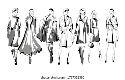 Beautiful young women in modern style.. Hand drawn stylish woman portrait. Fashion lady. Festive outfit. Sketch. Fashion model posing in coatHand drawn fashion woman.