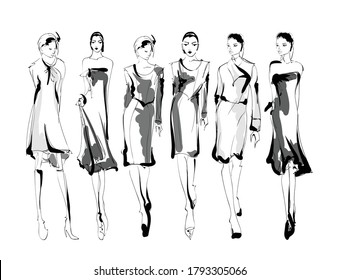 Beautiful young women in modern style.. Hand drawn stylish woman portrait. Fashion lady. Festive outfit. Sketch. Fashion model posing in dress. Hand drawn fashion woman.