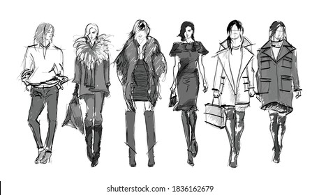 Beautiful young women in modern style.. Hand drawn stylish woman portrait. Fashion lady. Festive outfit. Sketch. Fashion model posing in dress. Hand drawn fashion woman.