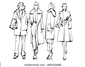 Beautiful young women in modern style.. Hand drawn stylish woman portrait. Fashion lady. Autumn outfit. Sketch set. Fashion model posing in coat. Hand drawn fashion woman.