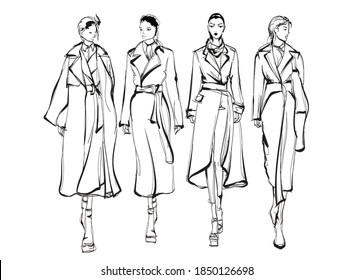 Beautiful young women in modern style.. Hand drawn stylish woman portrait. Fashion lady. Autumn outfit. Sketch set. Fashion model posing in coat. Hand drawn fashion woman.