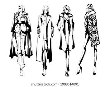 Beautiful young women in modern style.. Hand drawn stylish woman portrait. Fashion lady. Autumn outfit. Sketch set. Fashion model posing in coat. Hand drawn fashion woman.