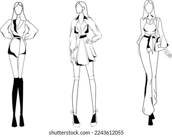 Beautiful young women in modern style.. Hand drawn stylish woman portrait. Fashion lady. Sketch set. Hand drawn fashion woman.