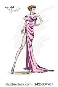 Beautiful young women in a pink dress. Hand drawn fashion girl. Fashion model posing. Sketch. Vector illustration.