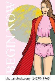 Beautiful young women in pink underwear and a red cloak. Hand drawn fashion girl. Fashion model posing. Sketch. Vector illustration.
