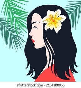 Beautiful young women in profile with exotic flower, on palm leaves background, vector illustration.