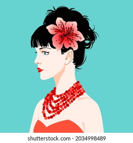 Beautiful young women in profile with flower and necklace, fashion portrait, vector illustration.
