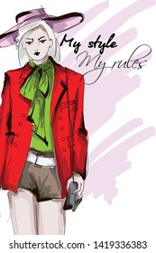 Beautiful young women   in a red jacket and wide-brimmed hat. Hand drawn fashion girl. Fashion model posing. Sketch. Vector illustration.