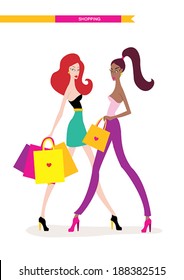 Beautiful young women with shopping bags isolated on white background. Fashion vector illustration, fashion models, sale and shops theme.