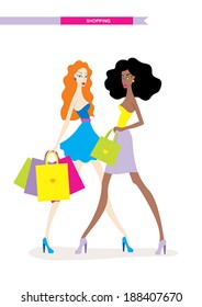 Beautiful young women with shopping bags isolated on white background. Fashion vector illustration, fashion models, sale and shops theme.