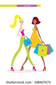 Beautiful young women with shopping bags isolated on white background. Fashion vector illustration, fashion models, sale and shops theme.