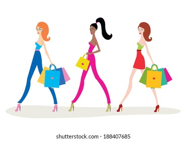 Beautiful young women with shopping bags isolated on white background. Fashion vector illustration, fashion models, sale and shops theme.