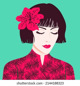 Beautiful young women with short hair, sketch, fashion hand drawn vector illustration.