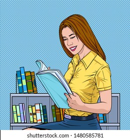 Beautiful young women smiling reading books happy Illustration vector On pop art comic style Dot background