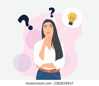 Beautiful young women are standing, thinking about new ideas for work. Vector illustrations.