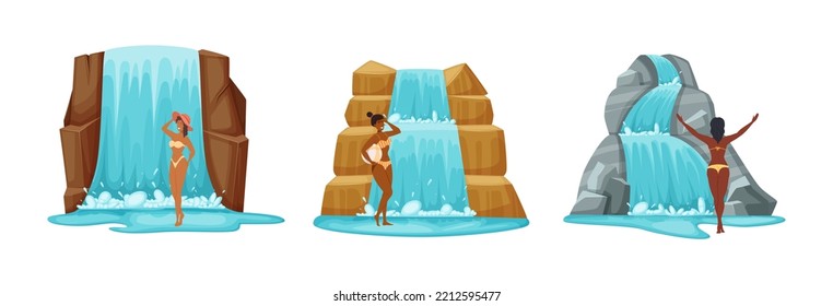 Beautiful young women in swimsuits standing at waterfalls set. Slim girls fashion models relaxing on nature. Attractive girls posing for photo at water flow falling down mountain cartoon vector