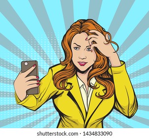 Beautiful young Women Taking Selfie Photo on Smart Phone. Selfie photos in social networks media. Pop Art Vector Illustration.