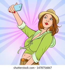 Beautiful young women taking selfie photo on smart phone in social networks media. Pop art vector illustration.images separated from the background