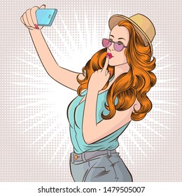 Beautiful young women taking selfie photo on smart phone in social networks media. Pop art vector illustration.images separated from the background