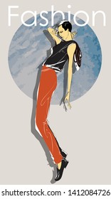 Beautiful young women in trousers and blouse. Hand drawn fashion girl. Fashion model posing. Sketch. Vector illustration.