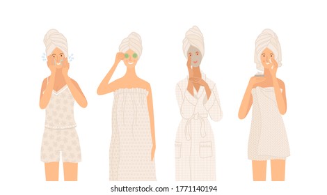 Beautiful young women wearing towel, pajama, and bathrobe take care of their skin. Cleaning skin, washing, moisturizing, applying beauty mask. Flat cartoon vector illustrations. Everyday routine