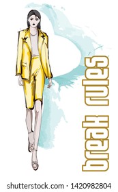 Beautiful young women in a yellow suit. Hand drawn fashion girl. Fashion model posing. Sketch. Vector illustration.