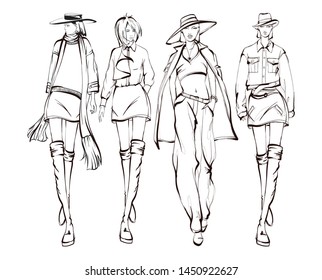 Beautiful young womens. Hand drawn fashion girls. Fashion model posing. Sketch. Vector illustration set.