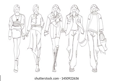 Beautiful young womens. Hand drawn fashion girls. Fashion model posing. Sketch. Vector illustration set.