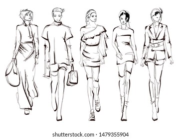 Beautiful young womens. Hand drawn fashion girls. Fashion model posing. Sketch. Vector illustration set.