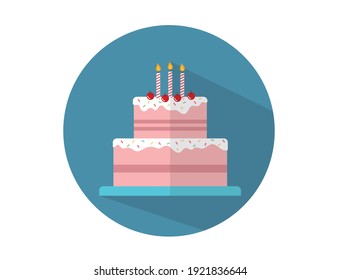 A beautiful and yummy festive cake flat icon with long shadow. Birthday or wedding vector flat cake. 