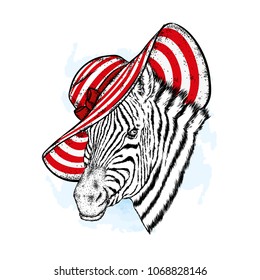 A beautiful zebra in a beach hat. An animal in summer clothes. Hipster. Vector illustration.