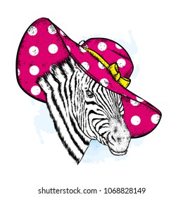 A beautiful zebra in a beach hat. An animal in summer clothes. Hipster. Vector illustration.