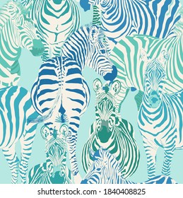 Beautiful Zebra Safari Seamless Pattern Background in Navy-Teal-Terquoise Color, Zebra Vector illustration Art